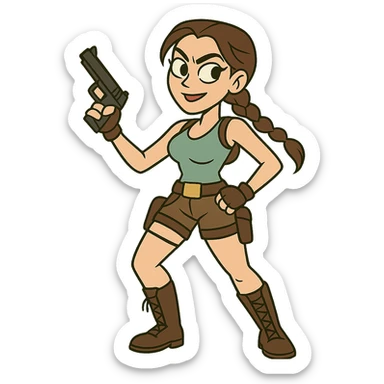 Lara Croft inspired character, cartoon style, adventurous pose, brown hair in braid, tank top, shorts, utility belt, confident expression sticker