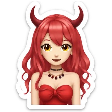 hime gyaru girl, devil horns, red hair, red dress sticker