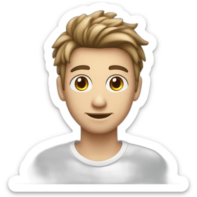 jovem homem branco, loiro, com cabelos curtos e olhos azuis, segurando um iphone e com um quadro branco ao fundo. sticker