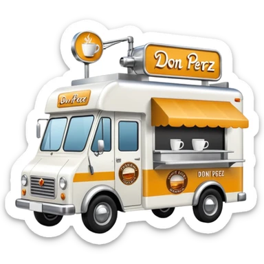 white coffee truck with "Don Perez" cafe sign sticker