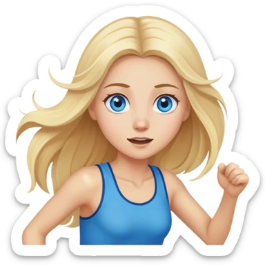 Cinematic realistic blonde with long hair and blue eyes, running sticker
