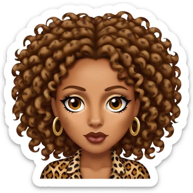 Melanie Brown with brown curls wearing leopard print and sneering sticker