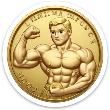 A gold coin engraved by a bent arm showing a big biceps. No human, only the arm sticker