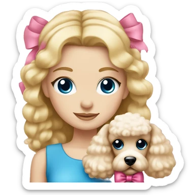 Blonde girl with blue eyes holding a poodle with a pink bow ￼ sticker