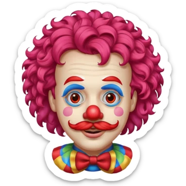 Classic clown — curly mustache, red nose sticker
