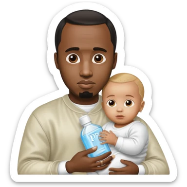 P diddy with a baby holding baby oil sticker