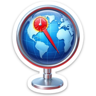 Blue Earth sphere, tilted. Prominent, oversized, fiery red thermometer/gauge, embedded. Indicator peaking 'danger' zone sticker
