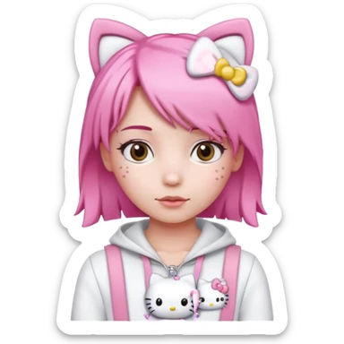 Female pink hair Wearing white and light pink clothing with hello kitty accessories sticker