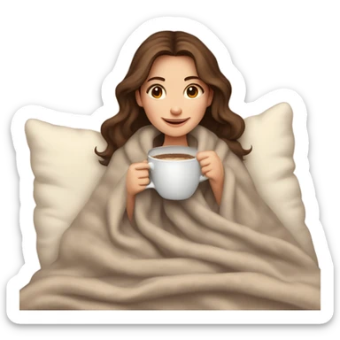 A cozy, heartwarming illustration of a beautiful girl with fair skin and brown hair, sitting comfortably under a soft blanket. She is holding a steaming cup of coffee with both hands, exuding warmth and relaxation. sticker
