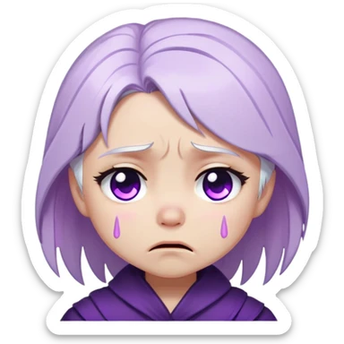 Chibi Sable Ward crying, teary eyes, pouty mouth, tears falling, white hair with purple streaks, fully purple eyes, sad expression sticker