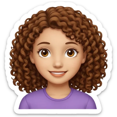 chica con piel clara sonriendo, ojos marrones y pelo marrón con rulos sticker