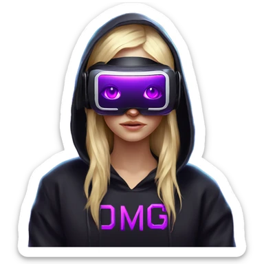 Russian cute blond girl wearing black hoody with violet letters "OMG", in vr headset. Cyberpunk style. Violet neon. sticker