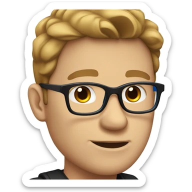 White male with brown side parting wearing glasses in a black t-shirt and blue eyes sticker