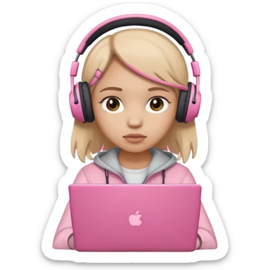 a girl with a pink laptop with headphones, color outline icon style, looking sad sticker