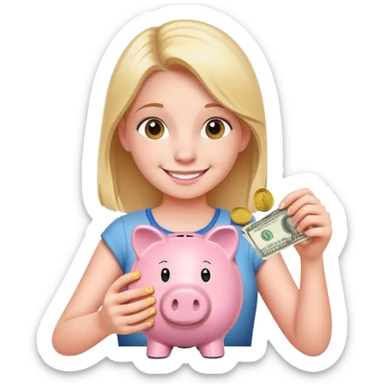 smiling girl carefully putting coins and bills into piggy bank sticker