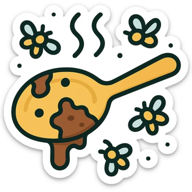 Add flies buzzing around the very dirty, used spoon with foul odor vapors. Maintain icon style with clear lines and a simple color palette. Preserve transparent background. sticker