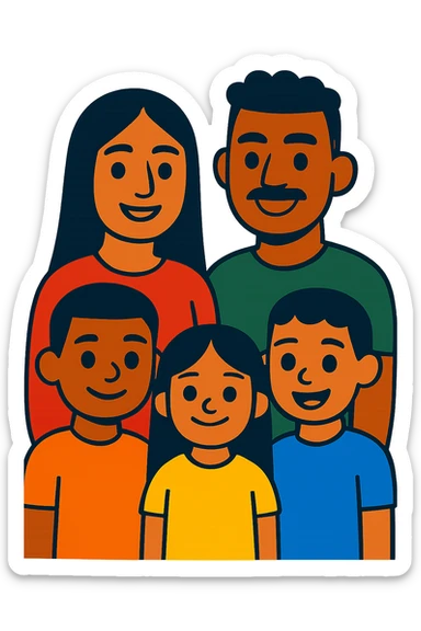 Hispanic family of five, parents in back and three kids in front with girl in the middle, all facing forward, mom with long straight dark hair, dad with short black curly fade, 9-year-old boy with short hair, 6-year-old girl with long straight hair, 6-year-old boy with short hair sticker