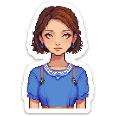 A pixel art girl with brown eyes, short brown hair without bangs, and a septum piercing, wearing a blue dress. sticker