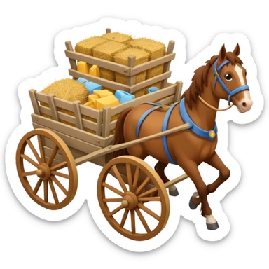 horses pulling a cart, isometric view, emoji style, cart with hay sticker