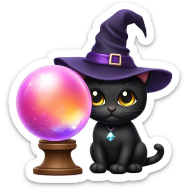 Black cute cat with crystal ball and witch hat sticker