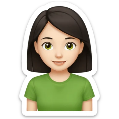 Young girl with straight, dark hair, well-groomed and pretty, wearing a green T-shirt, with a happy and lively expression. sticker