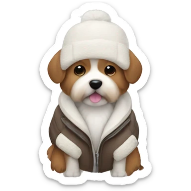 cute small brown fluffy dog with a white benie and jacket on sticker