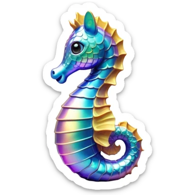 Cinematic Realistic Cute Sea Horse Portrait Emoji, Head tilted playfully and inquisitively, featuring a delicate, curvaceous form with intricately rendered, iridescent scales and a charming, expressive face with round, sparkling eyes full of gentle curiosity, high shine, affectionate and whimsical, styled with a touch of aquatic magic, soft glowing outline, capturing the essence of a mischievous yet lovable sea horse that seems poised to flutter out of the screen into your embrace! sticker