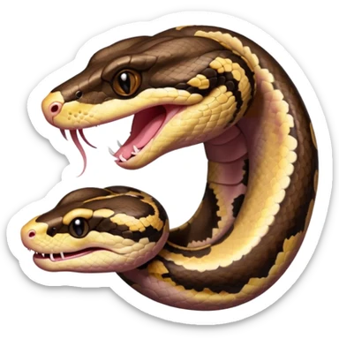 A photo-realistic digital illustration of a Ball Python, large headshot portrait. The snake has a short, rounded snout, smooth contours, and a wide, slow yawn exposing its soft pink mouth. Its head is warm brown with bold, irregular dark markings, including the signature “alien-head” pattern. sticker