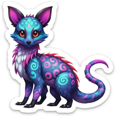 Rare neon iridescent white exotic cute epic aesthetic gothic colorful Salandit-Eevee-Civet-species-Fakemon-hybrid-creature, with intricate tattoo markings, full body sticker