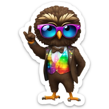  A cute short stubby brown owl with a black Afro and disco sun glasses and a colorful disco suit doing a pose with one finger in the air full body dance sticker