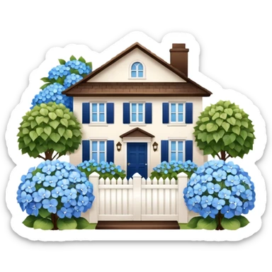 Brown house, white shutters, white fence, blue hydrangeas all over sticker