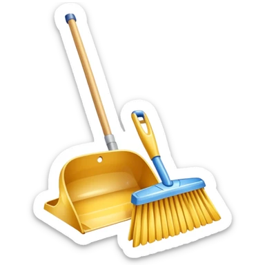 broom and dustpan with sparkles, clean and friendly sticker