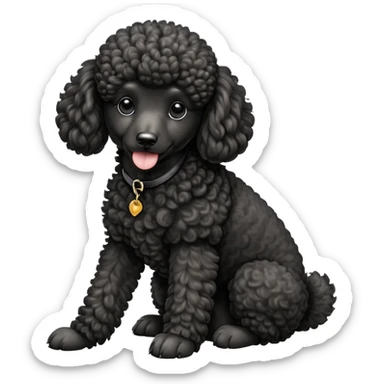 cinematic-[poodle]-realistic-full-body-sitting-emoji,-tail-resting-loosely-beside-its-paws,-head-tilted-dramatically, -curly-[black]-fur,-simplified-yet-realistic-focused-features,-highly-detailed,-glowing-with-an-almost-sarcastic-glow sticker