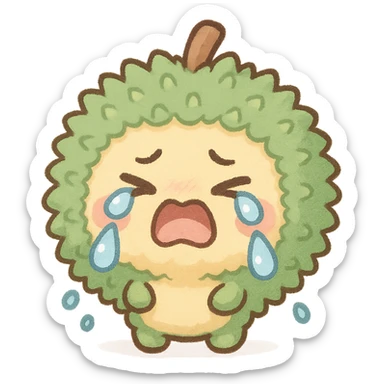 chibi style soft fluffy round durian character with green spiky shell and yellow flesh, crying dramatically with big teardrops, pastel colors, full-body sticker