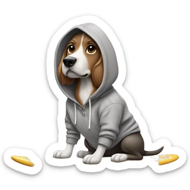 Dog with a hoodie and gray sweatpants with crocs on a surfboard sticker