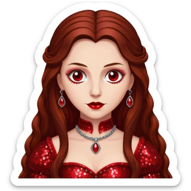 Countess Bathory with long brown hair, red sequin outfit sticker