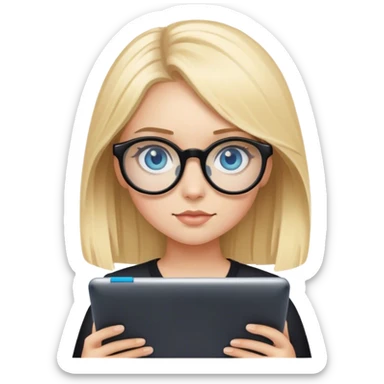 
girl with blond hair, fair skin and blue eyes in black rounded glasses with a graphics tablet sticker