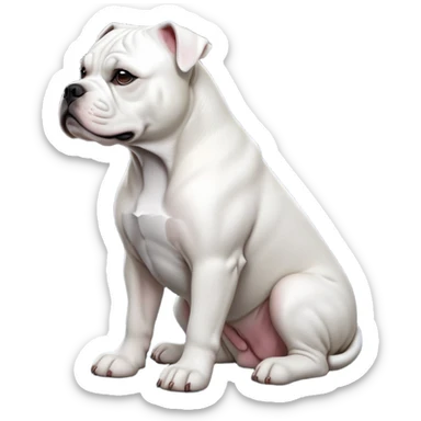 cinematic-[solid white american bulldog]-realistic-full-body-sitting-emoji,-tail-resting-loosely-beside-its-paws,-head-tilted-dramatically,-sleek-[solid white]-fur,-simplified-yet-realistic-focused-features,-highly-detailed,-glowing-with-an-almost-sarcastic-glow sticker