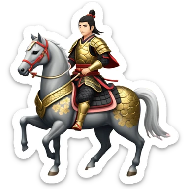 An icon representing an adventure game, inspired by feudal Japan. The design features a disciplined samurai riding a noble warhorse, its armor adorned with intricate patterns. A backdrop of cherry blossoms and a setting sun over a distant pagoda conveys a sense of honor, tradition, and battle-readiness. Transparent background. sticker