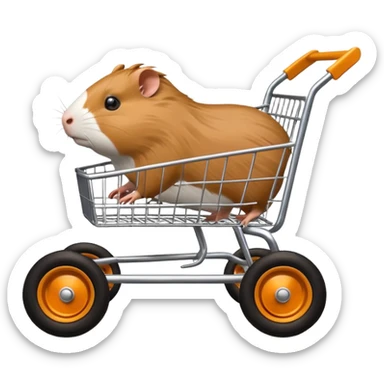 Race drift car whose frame and suspension is made of shopping cart material and flat panel body, being aggressively driven by a small thin Guinea pig  sticker