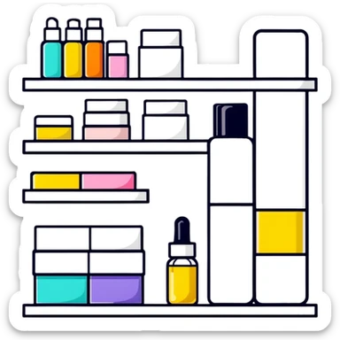 big long white shelf with one serum bottle labeled beauty brand and big sticky note sticker