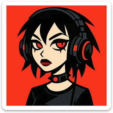goth headphones, black with red accents, vibrant toon style sticker