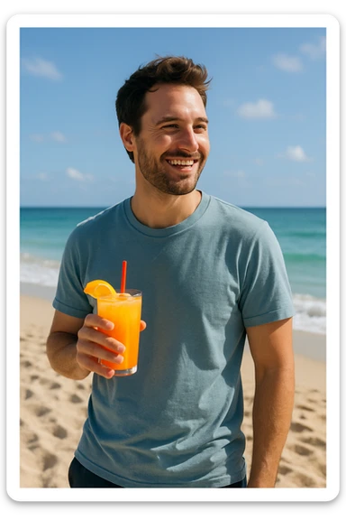 take this picture of a man and make it  beach photo with drink sticker