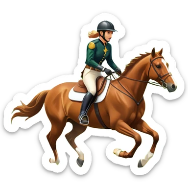 An icon featuring a horse and rider galloping gracefully over a lush green field. The rider is in full gear, guiding the horse with precision. The background shows rolling hills, a clear blue sky, and vibrant sunlight illuminating the scene. Transparent background highlights the elegance sticker