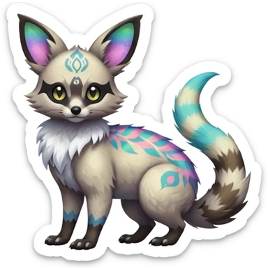 Rare iridescent white exotic epic aesthetic colorful Trico-Eevee-Genet-Civet-species-Fakemon-hybrid-creature, with intricate tattoo markings, full body sticker