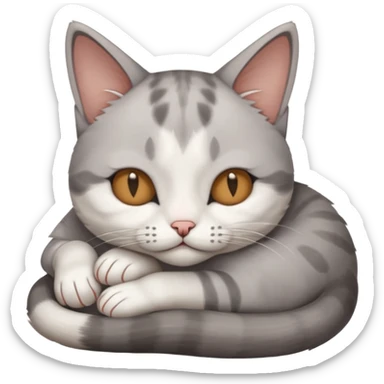 grey and white small cat with its eyes closed lying down with its head resting own paw sticker