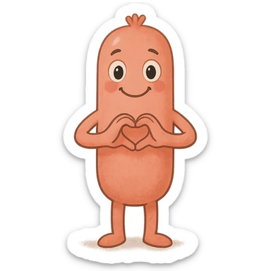a smiling sausage-shaped humanoid with a pinkish-orange body, simple arms and legs, big eyes, and a happy smile. Its hands form a heart shape in front of its chest, radiating warmth and affection sticker
