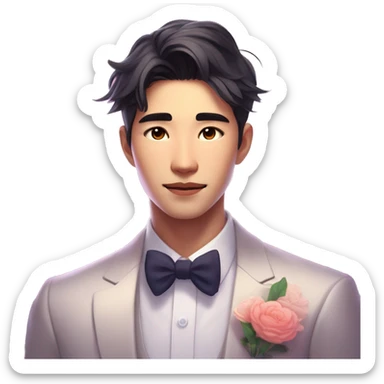 Gorgeous romantic anime style Asian formal modern gentlemanly guy with flowers and blushing face aesthetic trending style outside with colorful gradient bright light colors sticker