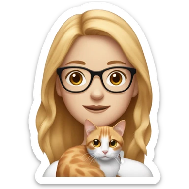 White skin strawberry-blonde haired girl with glasses holding long-haired calico cat sticker