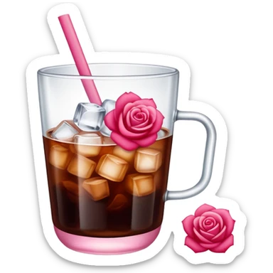 Cold brew coffee with mini roses pink red and small size mini glas cup with ice cubs sticker